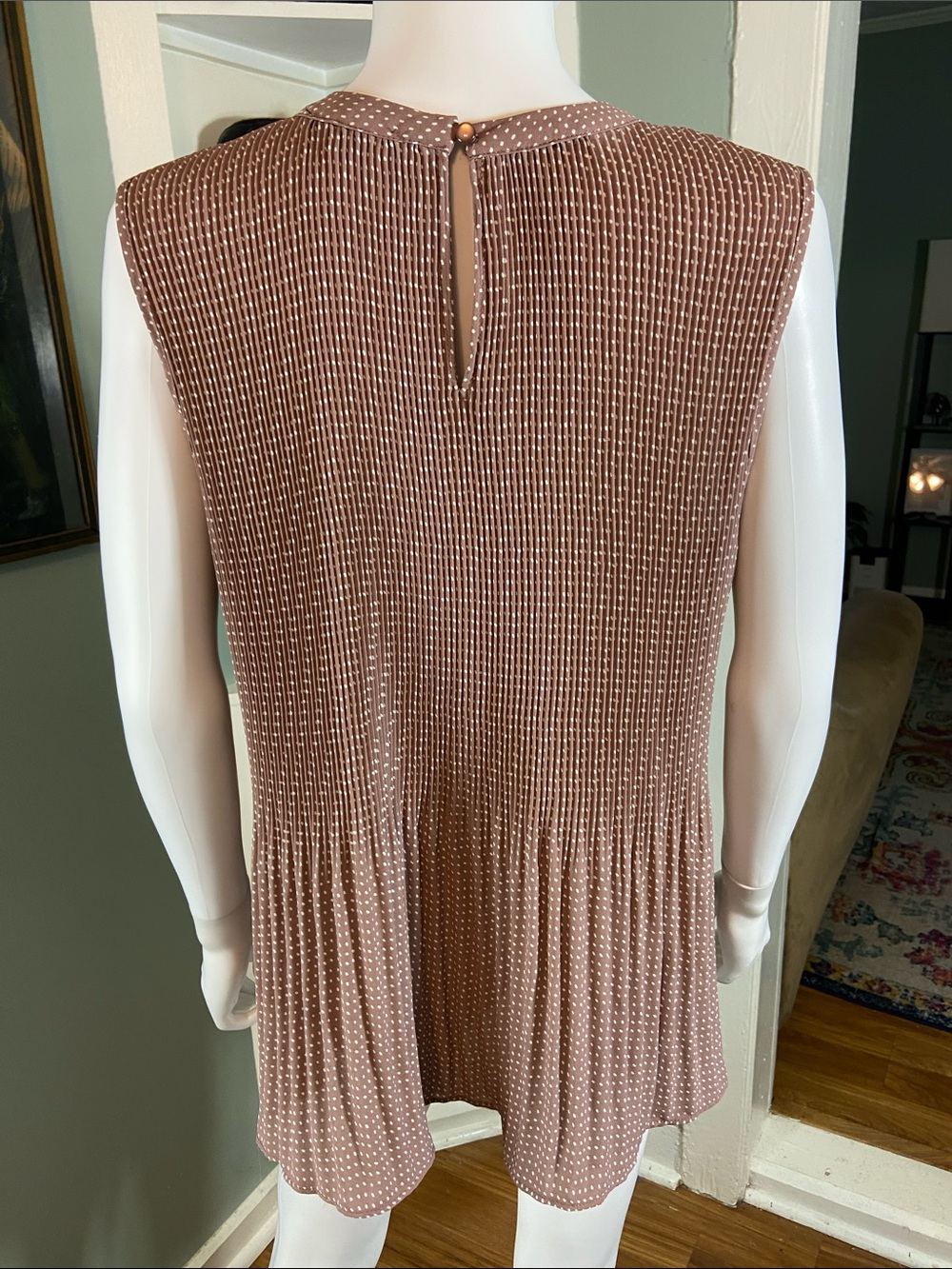 Adrianna Papell Taupe Polka Dot Pleated Swing Tank Top Sleeveless XLarge XL - Picture 8 of 11